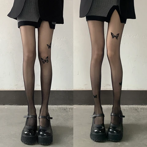 New Sexy Women Tights Pantyhose Butterfly Print Thigh High Stockings Pantyhose Lingerie Hosiery Thin Nylon Tights Body Stockings