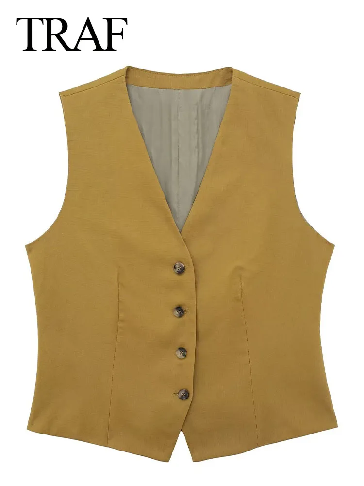 

TRAF Women Fashion Vintage Blazers Vest Single Breasted V Neck Woman Elegant Sleeveless Slim Waistcoat Female Crop Top Mujer