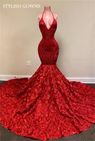 luxury red halter long prom dresses for black girls 2022 sequined formal dress mermaid birthday party gown ruffle robe de soir%c3%a9e