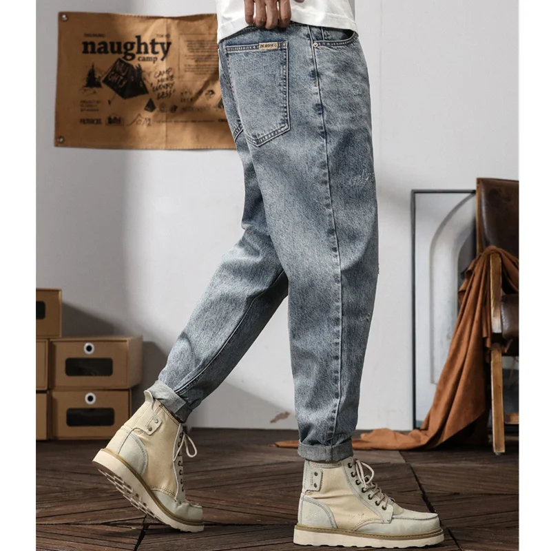 Men Clothing Autumn and Winter New Straight Loose Versatile Cylinder Jeans Vintage Comfortable Blue Ripped Harun Trousers Female