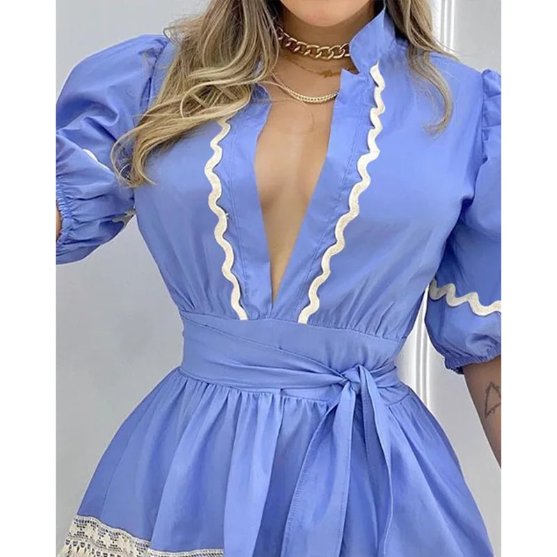 

Women's Blue Dress Puff Sleeve V-neck Lace Cool Dresses Female Casual Party Clothing New 2022 Summer & Spring