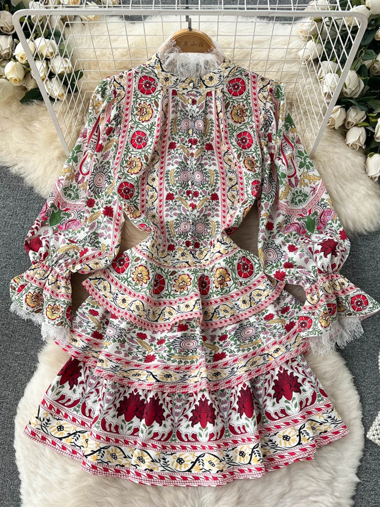 

Ailegogo New Spring Summer Women Floral Print Chiffon Spliced Lace Collar Puff Sleeve High Waist Ruffles A-line Mini Dresses