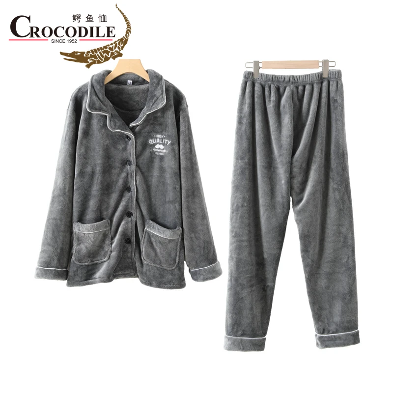 Crocodile 2023 New Winter Spring Thick Coral Fleece Pajama Man Long Sleeve Lapel Grey Sleepwear Tops  And Pants Two-Piece Set