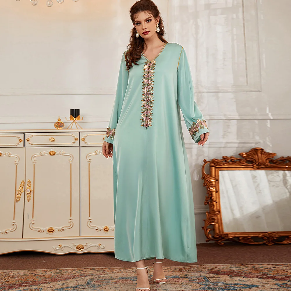 Женское атласное платье с вышивкой, мятно-зеленое элегантное платье с шипами, новая мода 2022, мусульманские платья, Дубай, абайя, Ближний Вост...