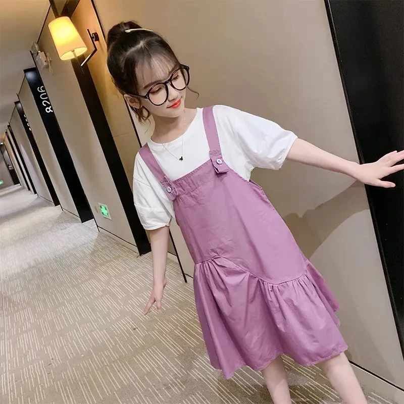 

Summer Girls Pure Color Round Neck Ruffle Suspender Skirt Suit Middle Big Child Fashion All-match Two-piece Suit Baby Girl Dress