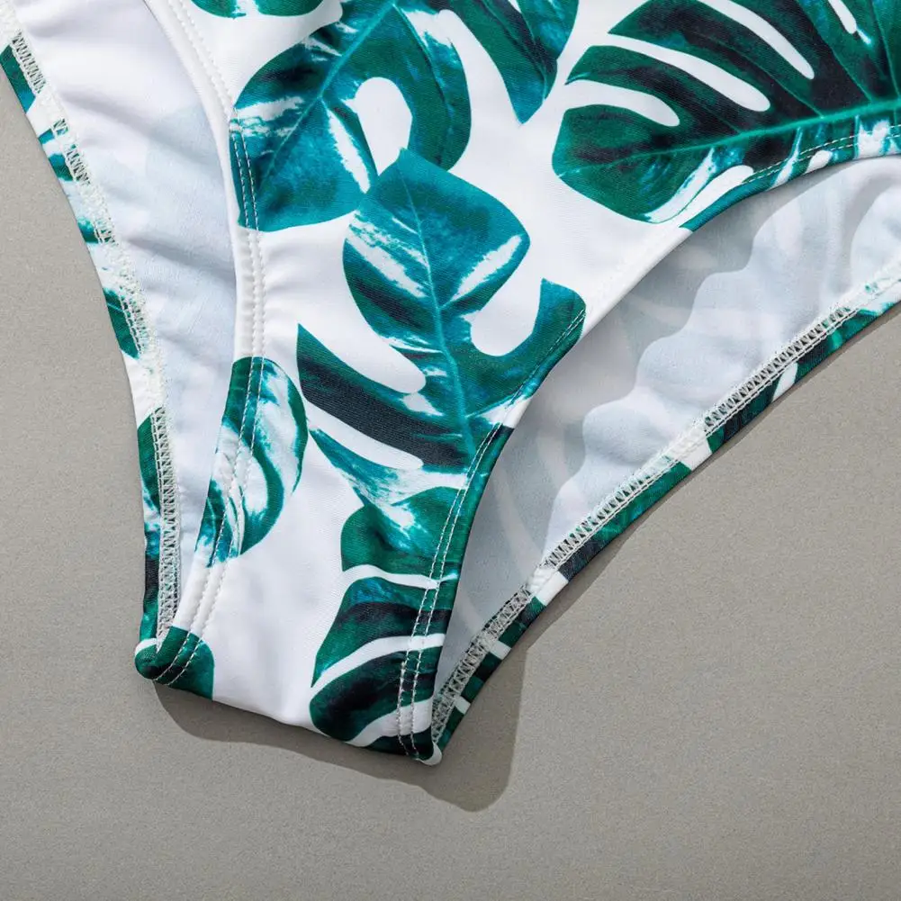 Комплект бикини женский однотонный с лямкой на шее и принтом листьев