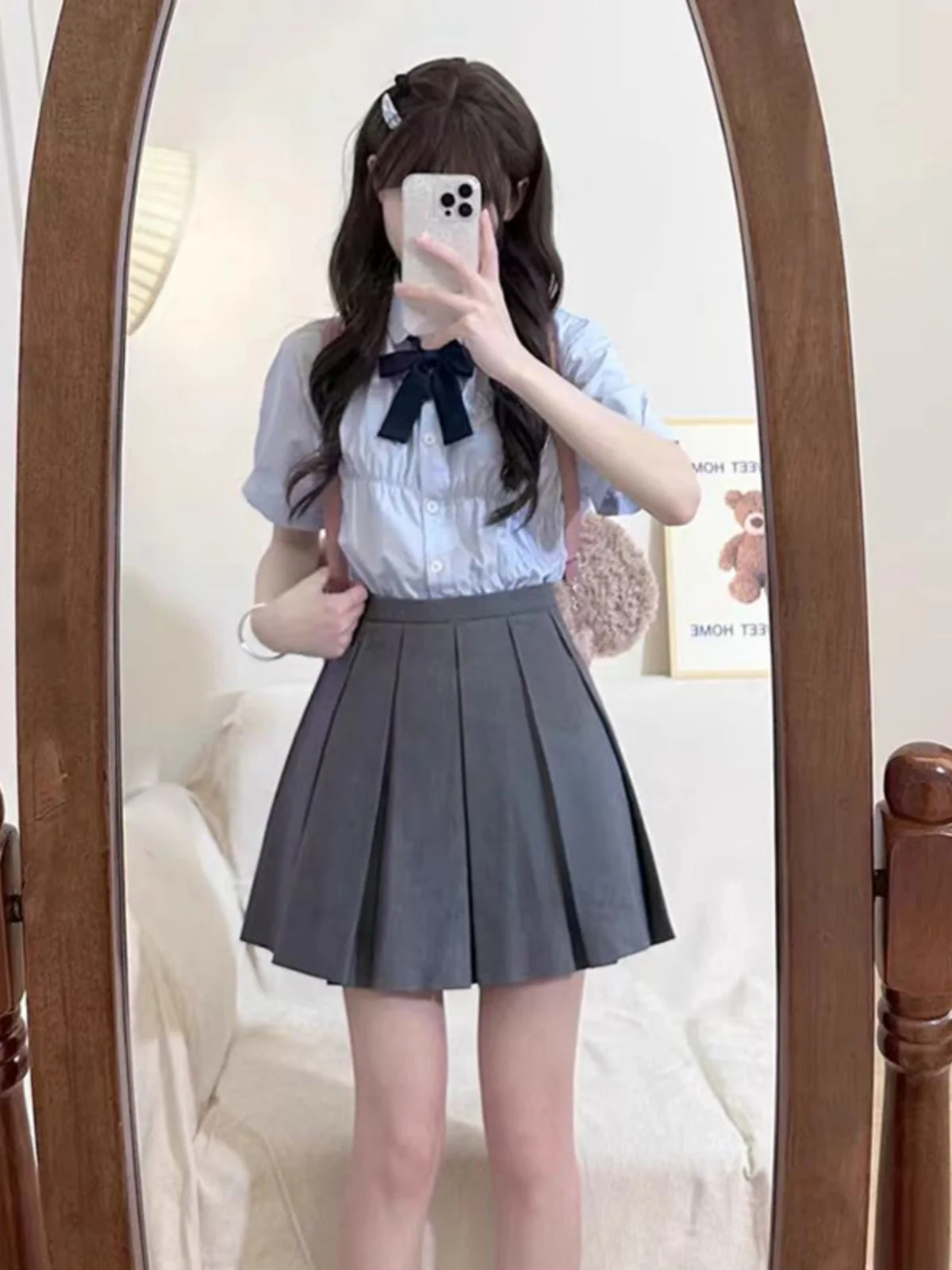 Preppy Blue Shirts Women Jk Uniform Set Summer Short sleeve Korean Series Pleat Shirt Top Design Sense