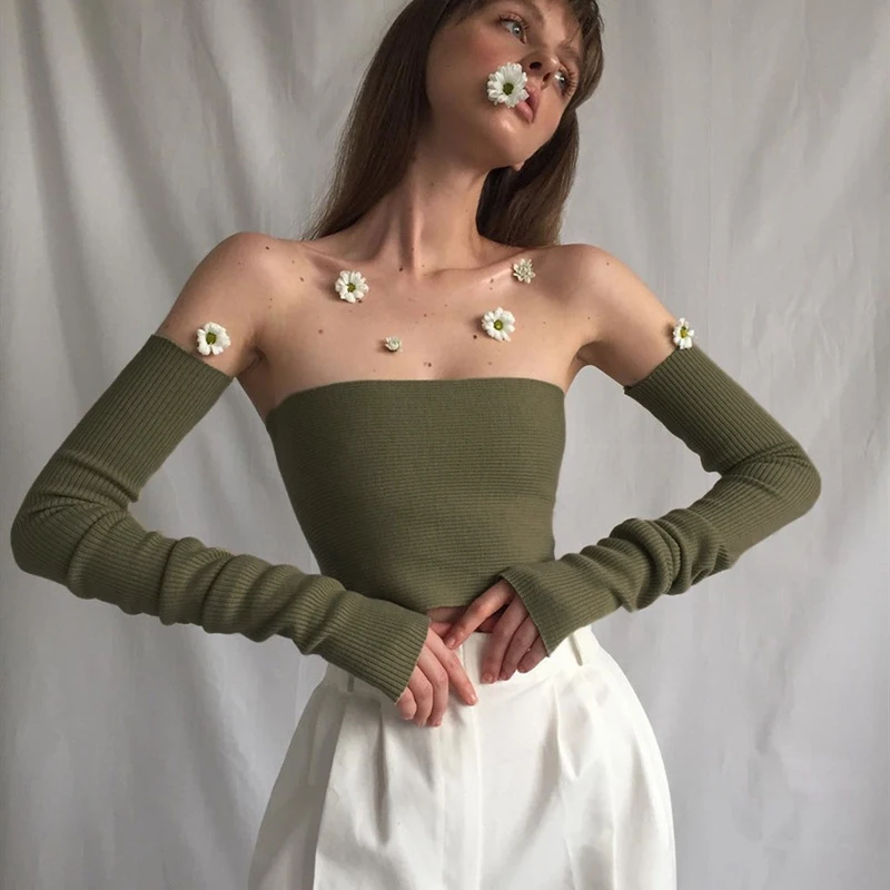 

Women's Sexy Off-shoulder Green Knitted Crop Top with Sleeves Halter Back Wrapped Chest Vest Short Feminino Slim Top Streetwear