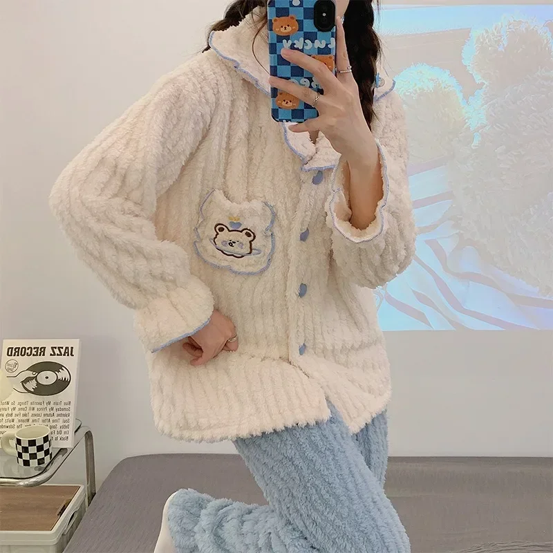 Теплая утепленная одежда для сна милых девочек топы с кукольным воротником брюки