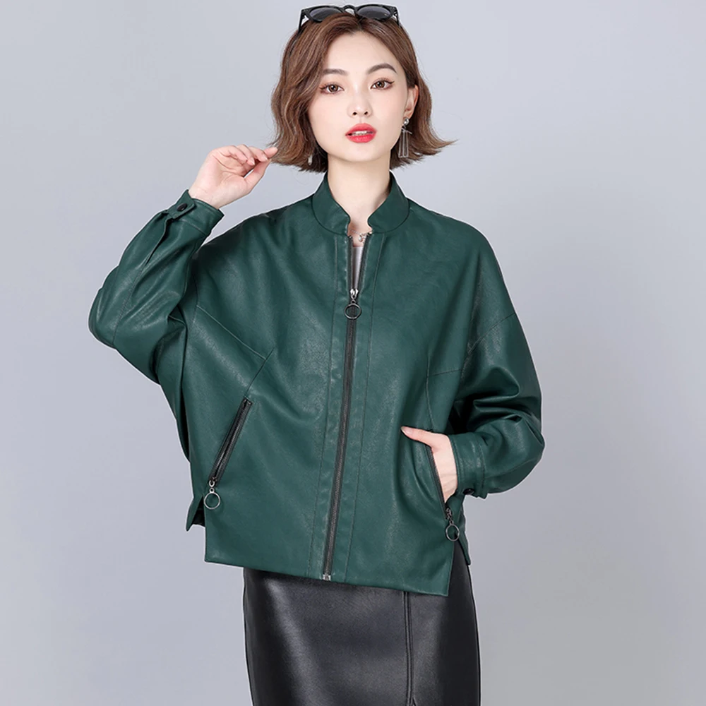New Women Loose Leather Jacket Spring Autumn Fashion Stand Collar Bat Sleeve Casual Oversize Sheepskin Jacket Split Leather Coat