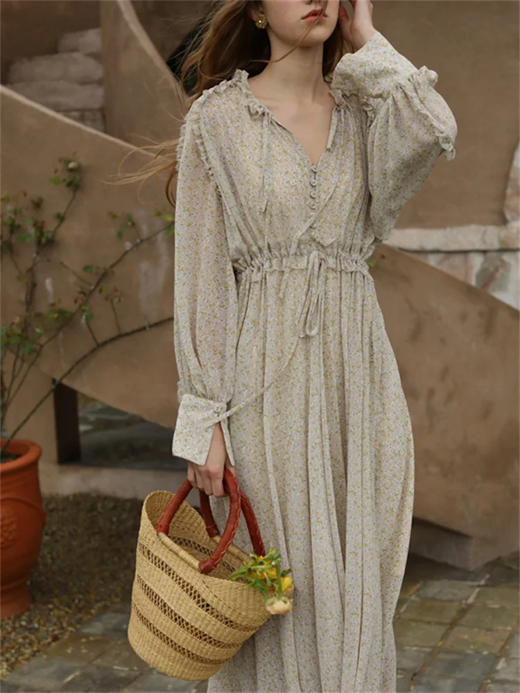 

Tea Break Dress Women French Retro V-neck Drawstring Long Dress Temperament Spring 2022 Floral Print Vintage Dresses Japan Style