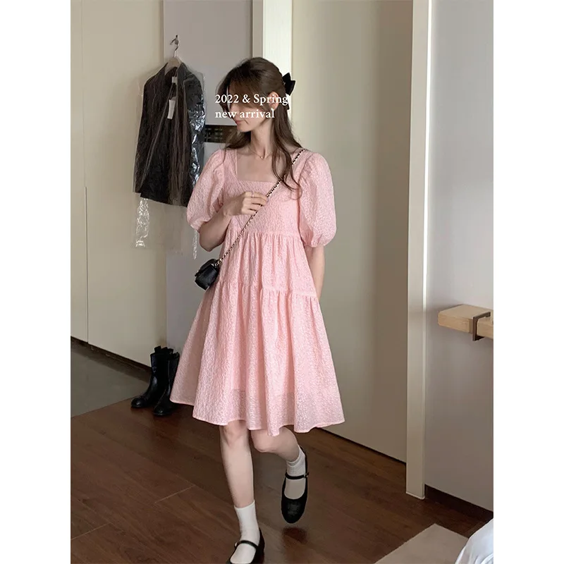 

Puff Sleeves Pink Color Square Neck Women Dress Kawai Sweet Cut Lady Ball Gown Dresses Vestidos Clothes