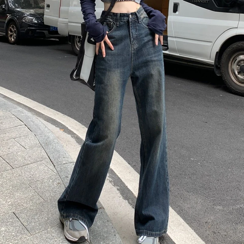 

Джинсы Lucyever женские с завышенной талией, винтажные синие свободные брюки в Корейском стиле, прямые джинсовые штаны с широкими штанинами, Осень-зима