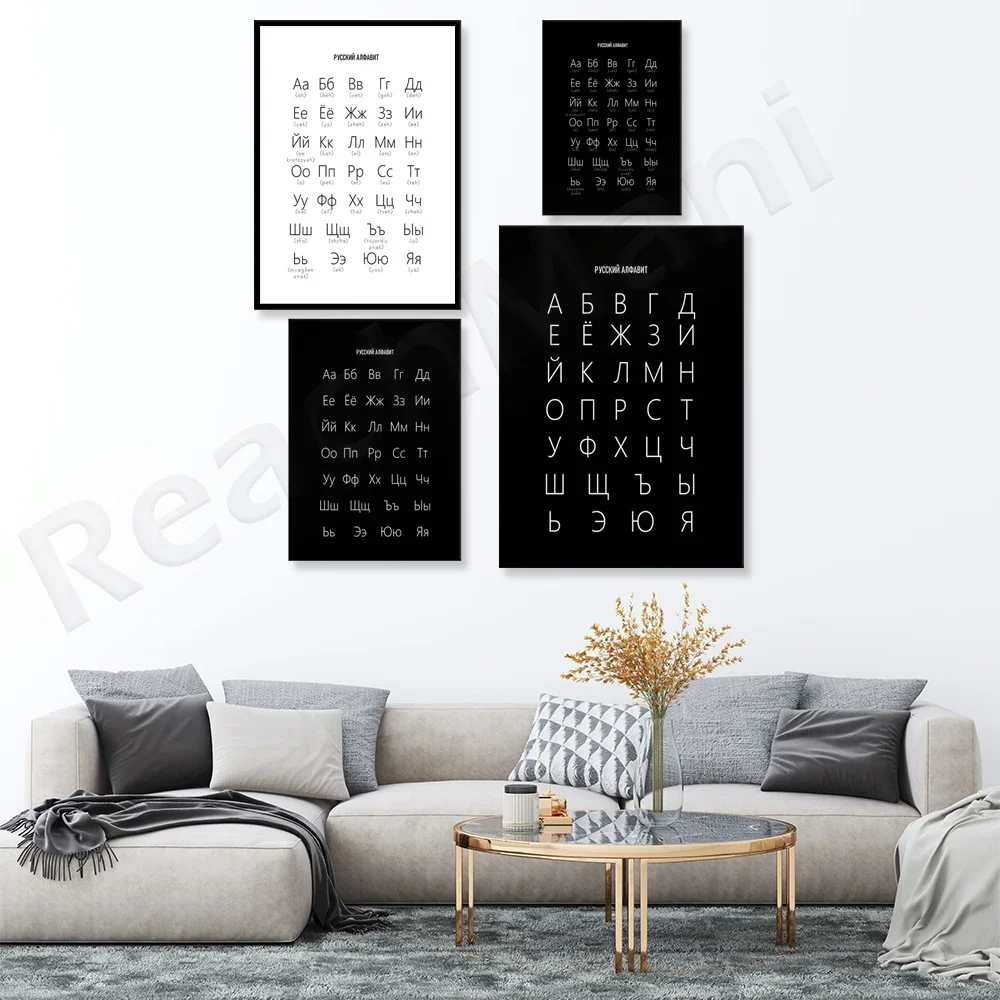Плакат с русским алфавитом и английской pronunciation-белый черный-ABC принт-украшение