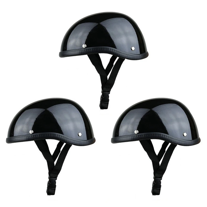 

3X Skull Cap Motorcycle Helmet Vintage Half Face Helmet Retro German Style Chopper Cruiser，Bright Black