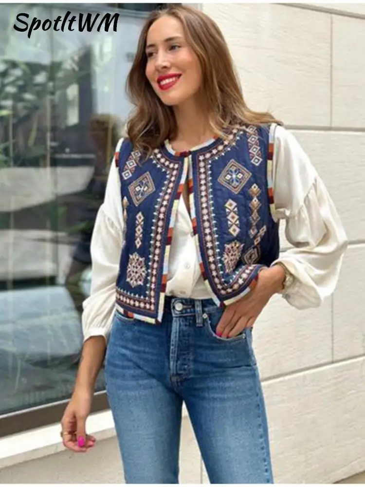 

Жилет женский с вышивкой и круглым вырезом, модный винтажный хлопковый Повседневный Свободный Топ без рукавов, уличная безрукавка