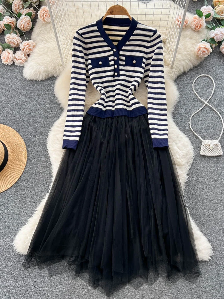 

Autumn Winter V-neck Stripe Sweater Knitted Dress Women Elegant Splice Irregular Mesh A-line Long Sleeve Casual Midi Dresses