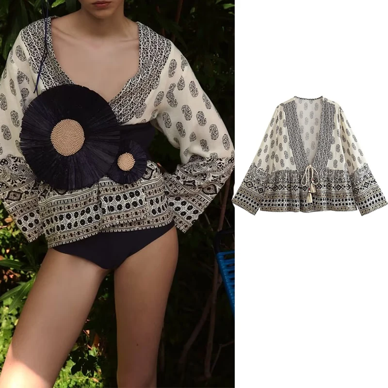 

Print Vintage Blouse Female Tied Boho Cardigan For Women Ruffle Long Sleeve Top Women Loose Summer Blouses Woman 2023