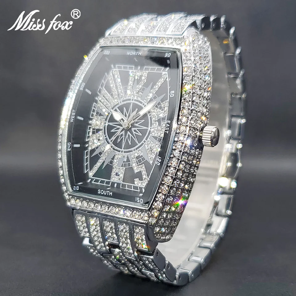 

Ice Out Watch Men Hip Hop Luxury Diamond Black Face Quartz Watches For Male Large Tonneau Waterproof Hand Clock Man Dropshipping