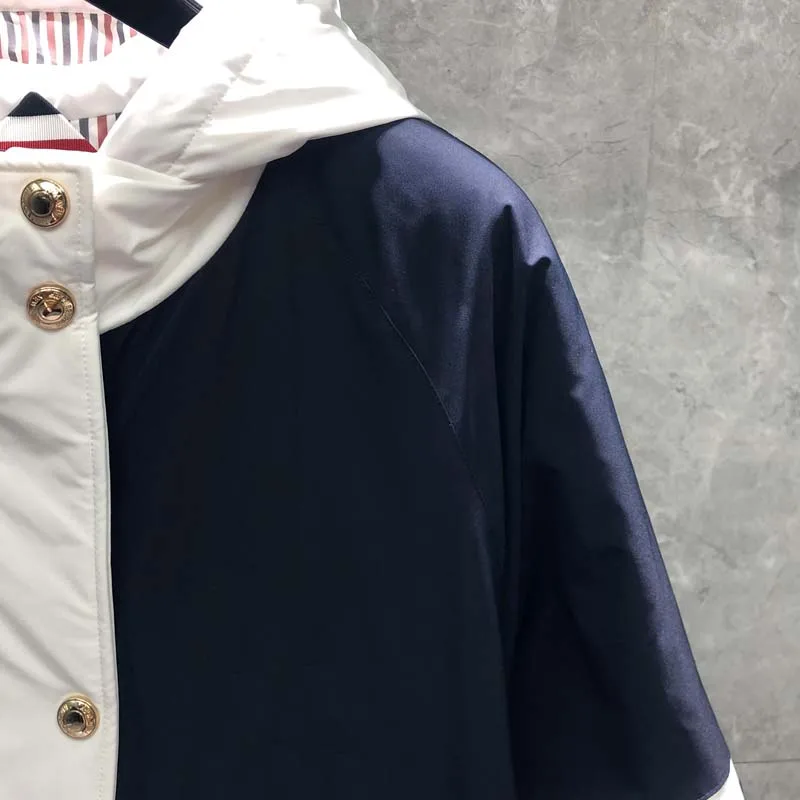 TB THOM Men's Jacket Coat Patchwork Gold Button Classic Streipd Design Coat Luxury Brand Winter Coat Hooded Women Outerwear Coat