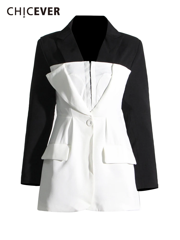 

CHICEVER Korean Straight Blazer For Women Notched Collar Long Sleeve Single Button Colorblock Blazers Female Clothes 2022 Autumn