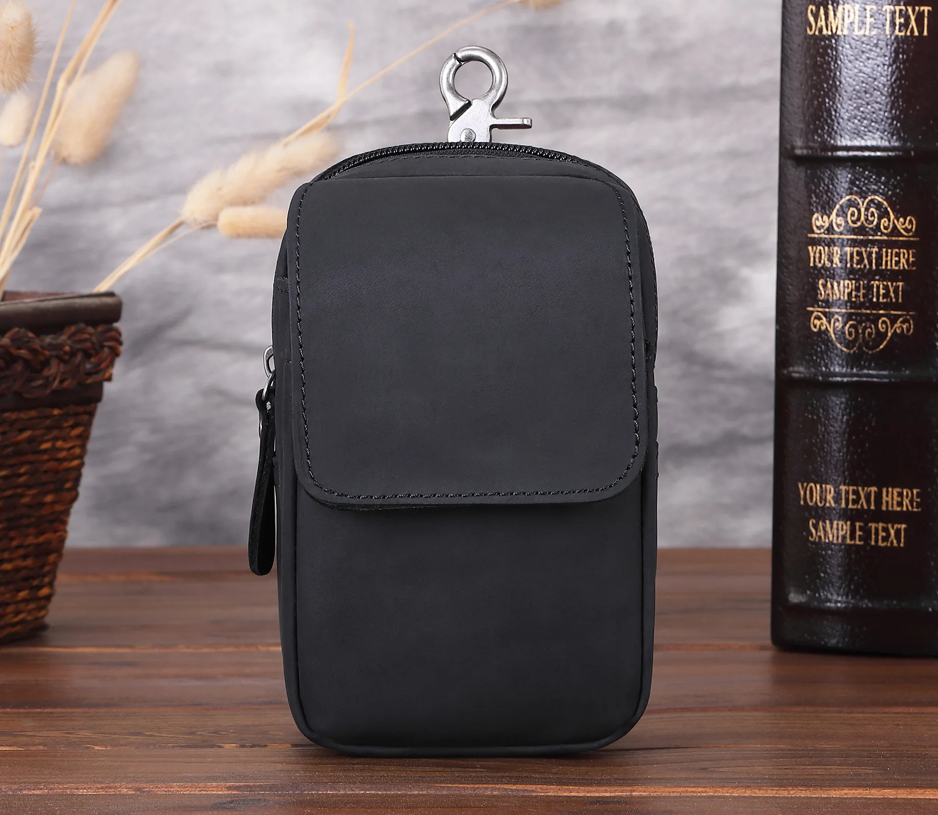 100% Cowhide Free Custom Name Waist Bag for Men Crazy Horse Genuine Leather Phone Pouch Outdoor Hanging Bag with Belt Fanny Pack