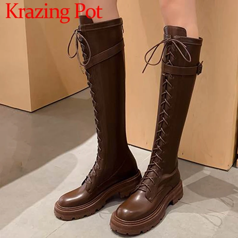 

Krazing Pot Full Grain Leather Round Toe Med Heel Knight Long Boots Platform Belt Buckle Chic Cross-tied Zipper Thigh High Boots