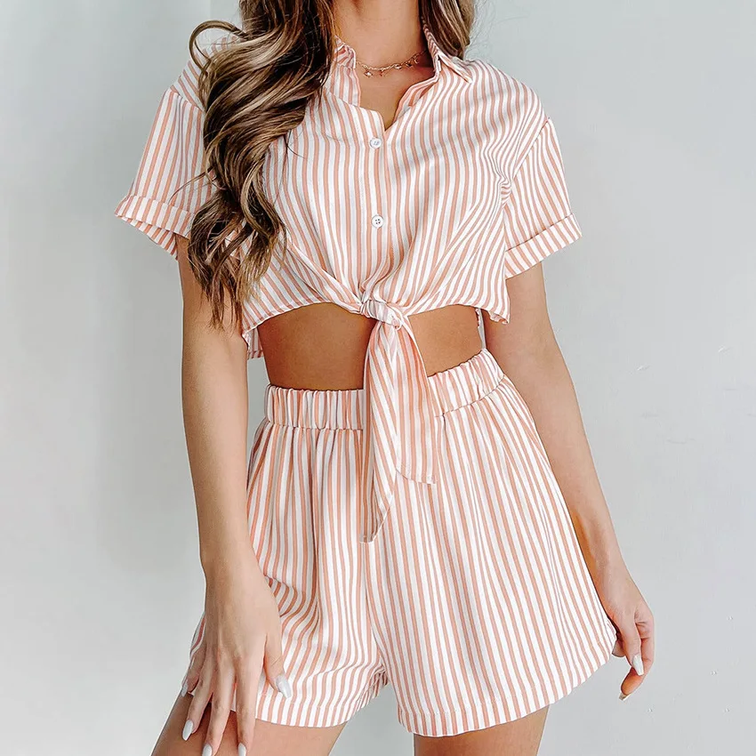 

Pink Fashion 2 Piece Sets Woman Blouse Outfit 2023 Shorts Sets Summer clothing Striped Plaid Shirt High Waist Short Sleeve Set