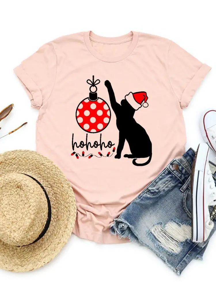 

Cat Sweet Love Cute Happy New Year Graphic T-shirt Women Clothing Merry Christmas Clothes Fashion Basic Tee Top Print T Shirt