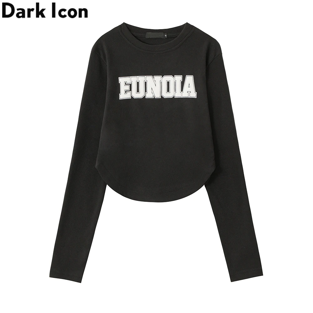 

Dark Icon Printing Curved Hem Long Sleeved Tshirts Women Round Neck Slim Fit Cropped Tee Shirts for Girl