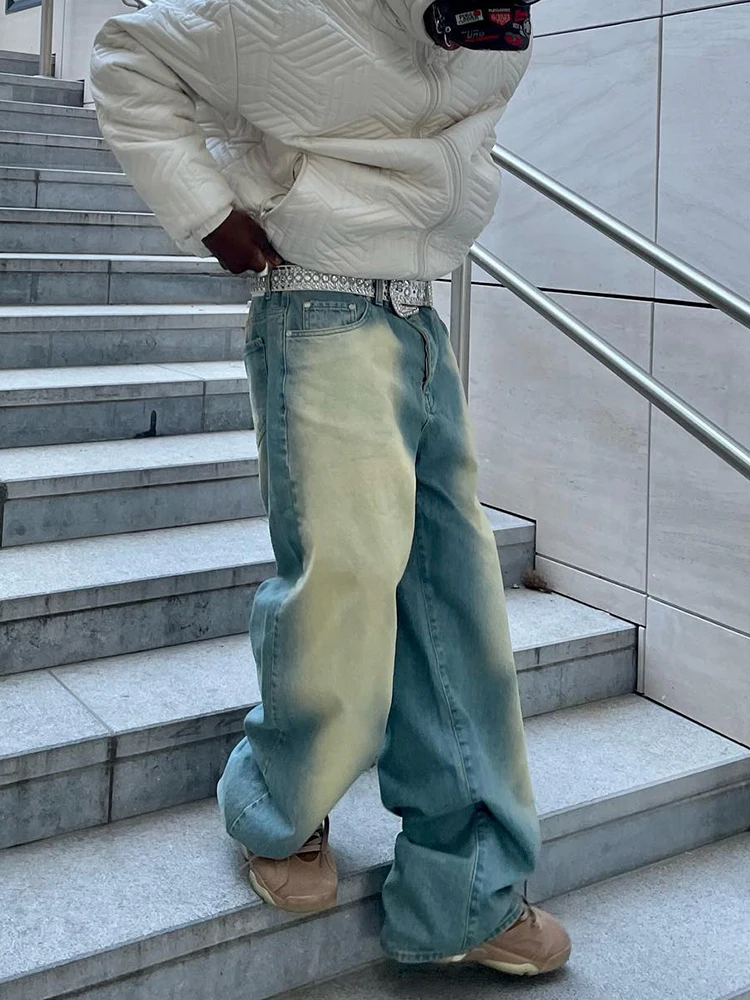 2023 New American High Street Vintage Ground White Wash Loose Jeans Men, Y2K Wide Leg Fashion Hip Hop Pants Baggy Wide Leg Slack