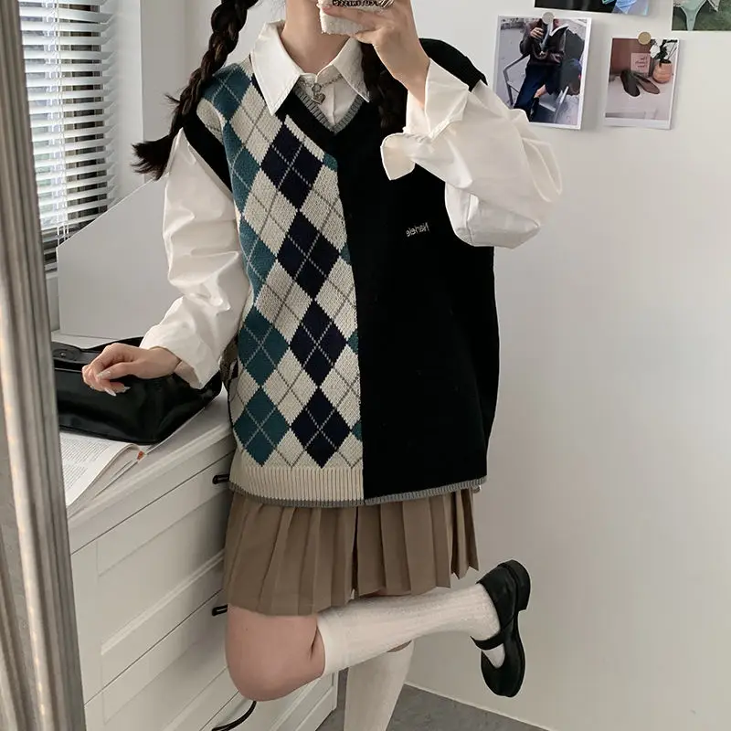 

Deeptown Preppy Style Vintage Argyle Sweater Vest Women Japanese Jk Oversize Asymmetric Knitted Top Harajuku Sweet Jumper Female