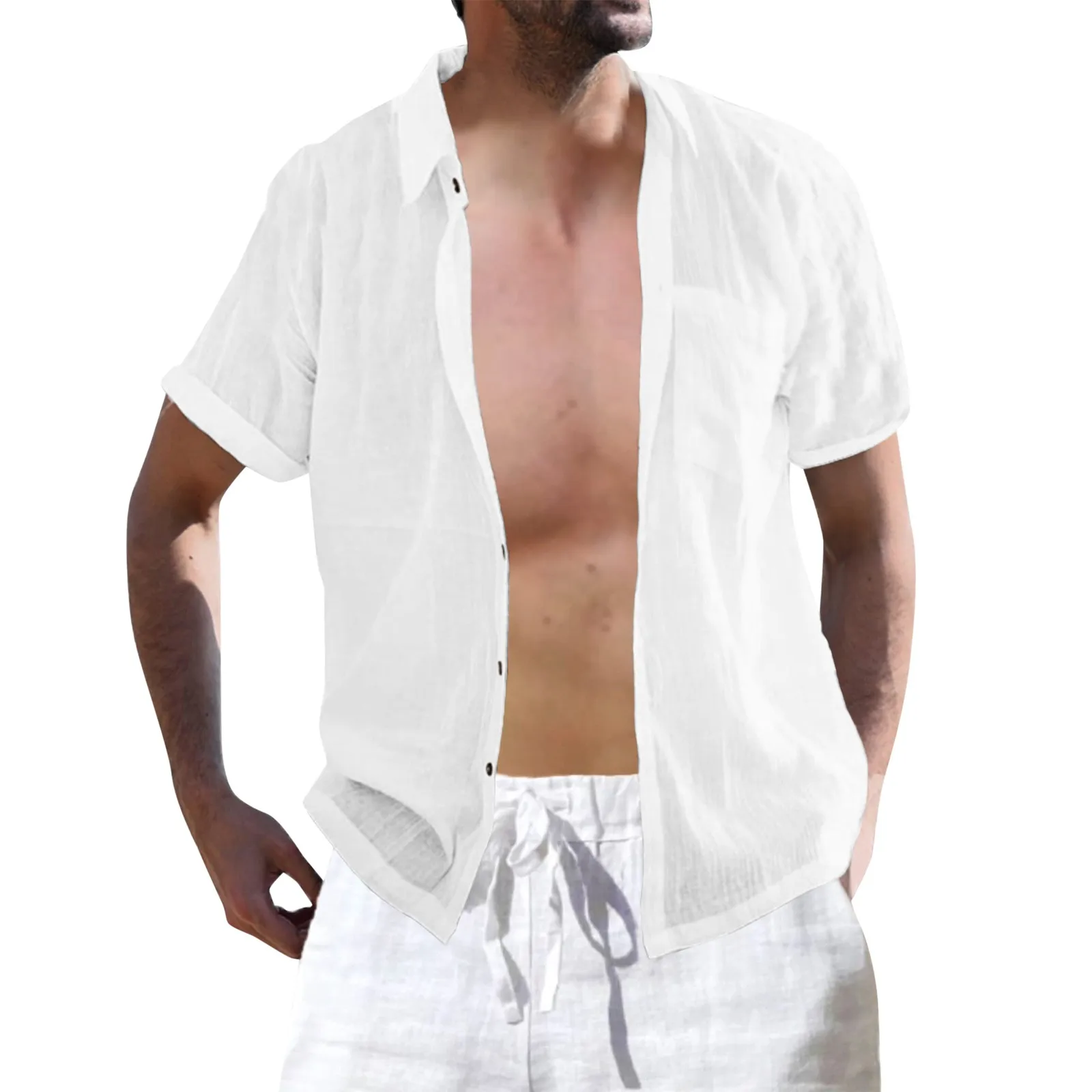 

plus Size Mens Clothing Men Spring And Summer Solid Color Top Shirt Casual Cotton Linen Stand Collar Top Shot Sleeve Shirts Men