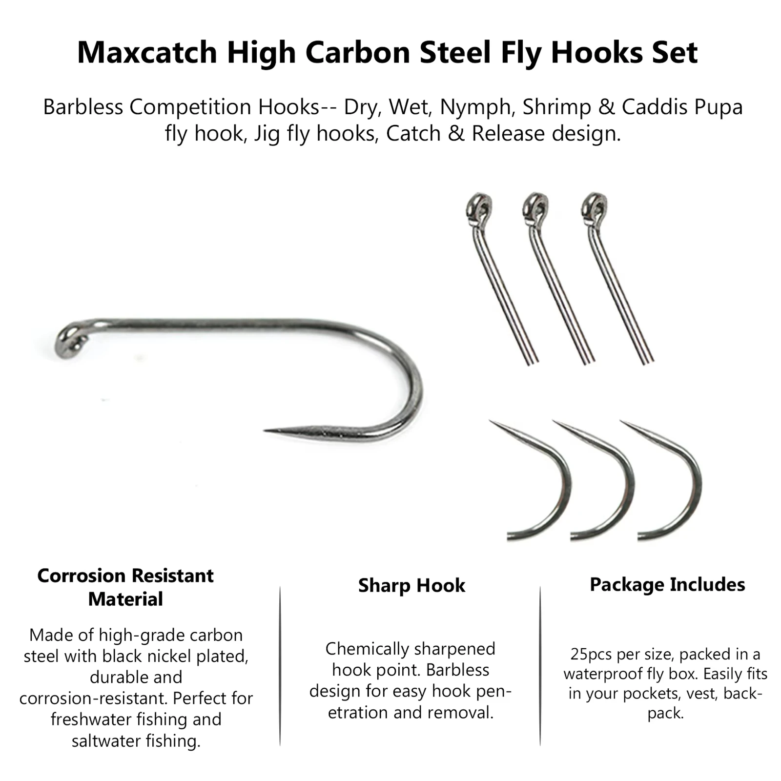 Фото MAXCATCH, 125 шт., набор крючков для завязывания мух без створки, 6 шт. # -18 #   Кованые крючки для ловли нахлыстом Nymph Jig для форели, лосося, окуня, сухих и влажных мушек №3