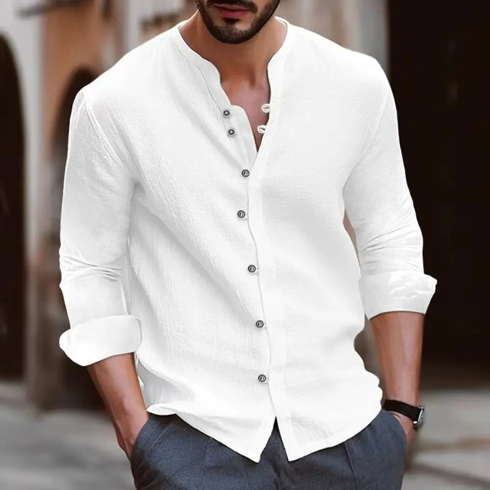 

Hot Sale Men Spring Autumn 100% Cotton Linen Long Sleeved Shirts Pure Color Stand-Up Collar Casual Style Plus Size Men Clothing