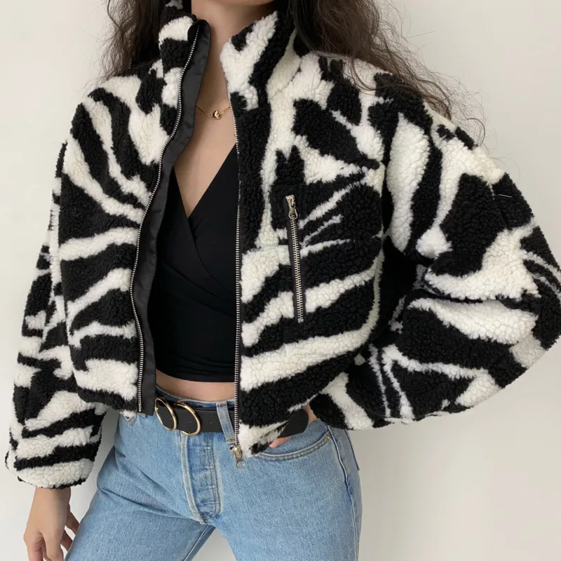 

Winter Zipper Long Sleeve Plush Coat Fleece Warm Cropped Jacket Vintage Stand Collar Zebra Short Lamb Wool Jacket Streetwear