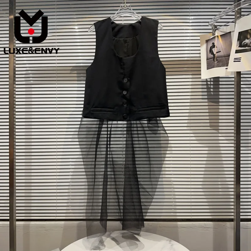 

Женский однобортный жилет люкс & ENVY, черный однотонный сетчатый Свободный жилет без рукавов, лето 2023