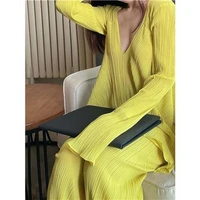 yellow pleated v neck lazy casual pant sets spring summer loose irregular suit womens fall comfortable elegant two piece set