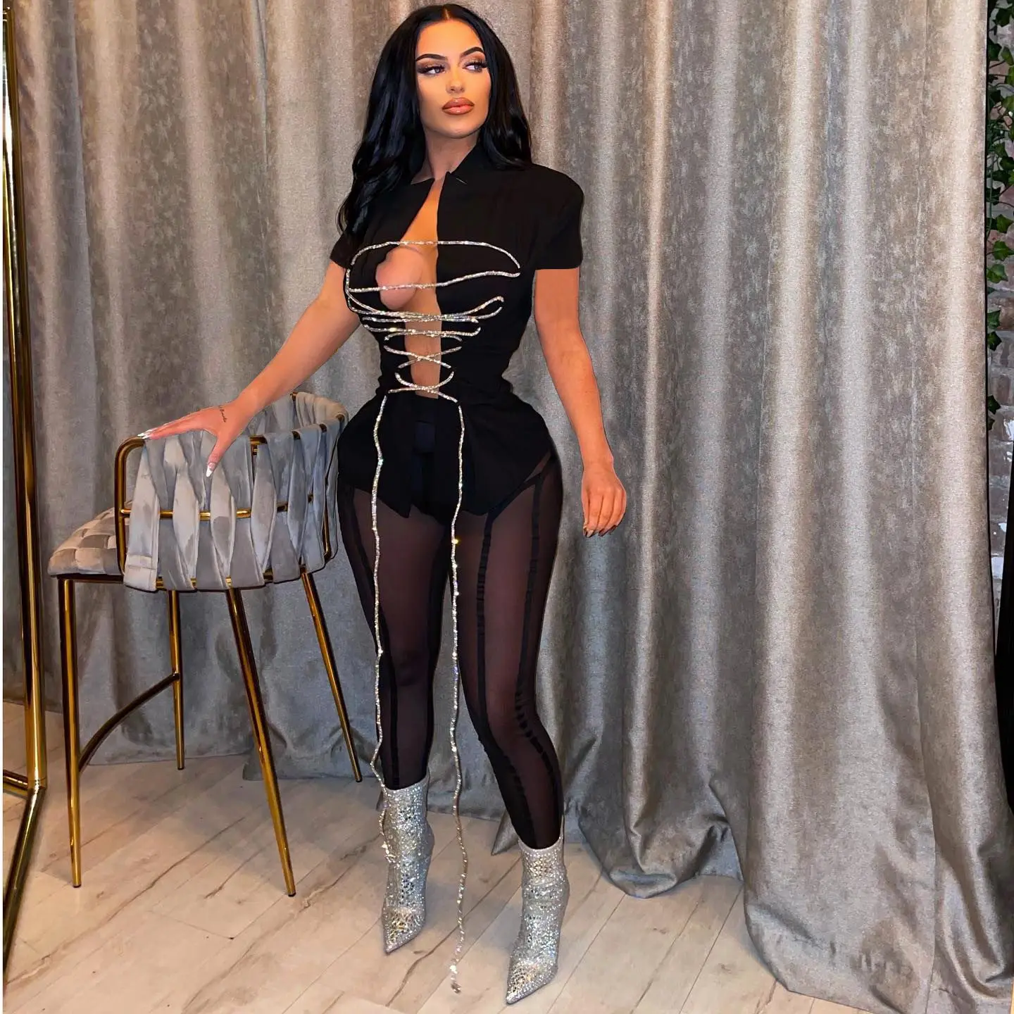 

2022 New Product Cool Girls Sexy Party Night Club Women Two Piece Sets Bandage Tops High Waist Pants Track Suits