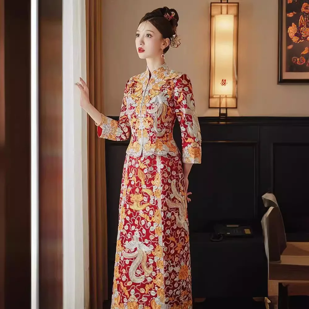 Свадебное платье в китайском стиле Cheongsam высокое качество Дракон Феникс вышивка