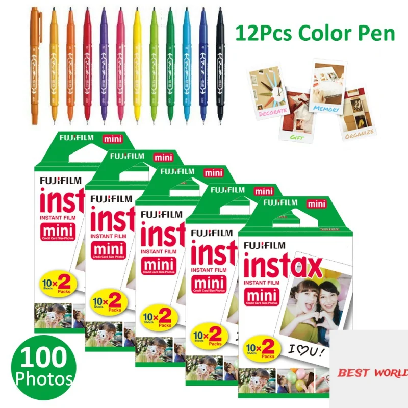 

100 Sheets Fujifilm Instax Mini Film White Photo Papers For Fuji Instant Mini 11 9 8 7s 25 90 Camera + Free 12Pcs Drawing Pens