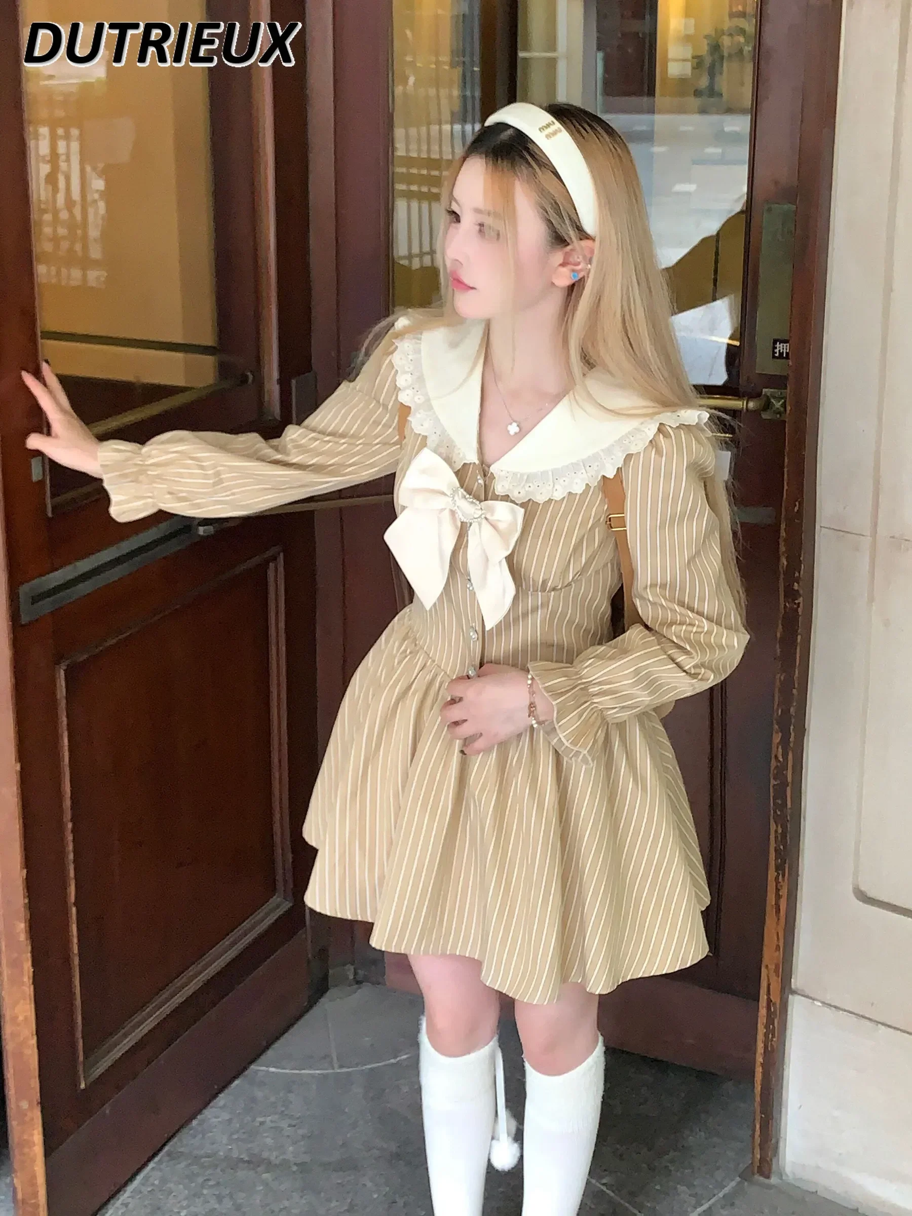 

Cute Fashion Casual Dress for Women Fashion Sweet Stripes Sailor Collar Dress Girl Student Spring Autumn Long Sleeve Dress