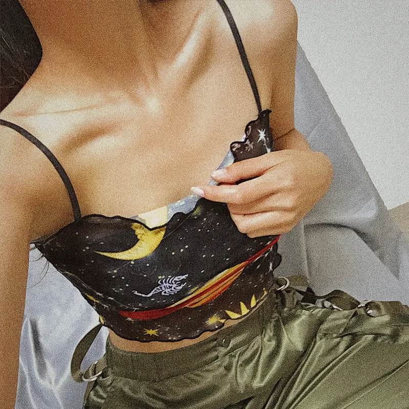

Summer Sexy Off Shoulder Fashion Printing Lace Perspectibe Sleeveless Slim Vest Tank Tops Harajuku Y2k Aesthetic Women's Clothes