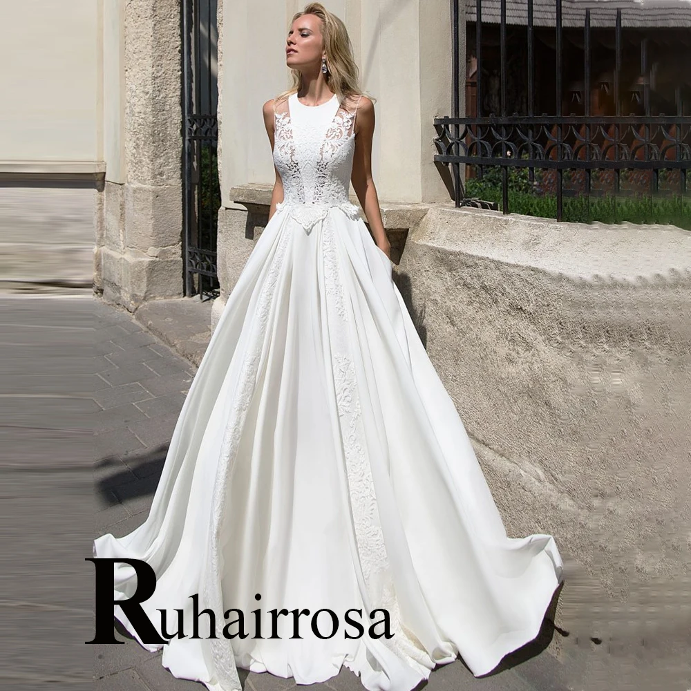 

Ruhair Charming Scoop Backless Illusion Satin Wedding Dresses A-Line For Women Appliques Lace Robe De Mariée Formal Brides Gown