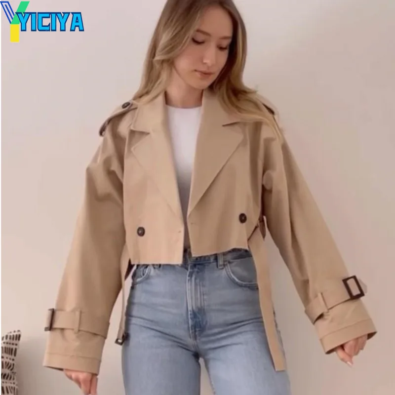 

YICIYA Khaki Cropped Trench Women Long Sleeves Cropped Design Jacket Chic Lady High Street Casual Loose Coats Tops Female 2023