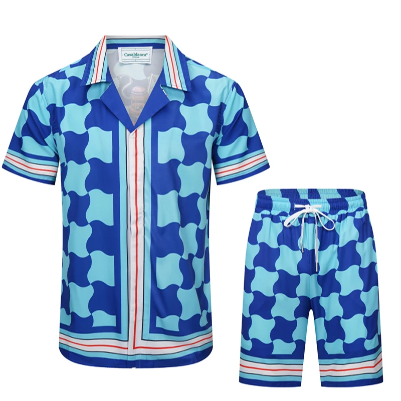 Windmill Spotted Castle Print Thin Silk CASABLANCA Mesh Shorts Set Men Women Holiday Seaside Surf Hawaiian Beach Suit