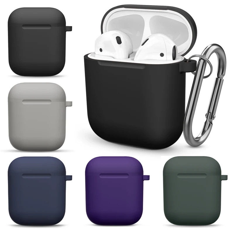 Solid color Silicone Case For Apple AirPods 2 Generation Cover Anti-lost With Carabiner For AirPods 1 Case earphones Accessories