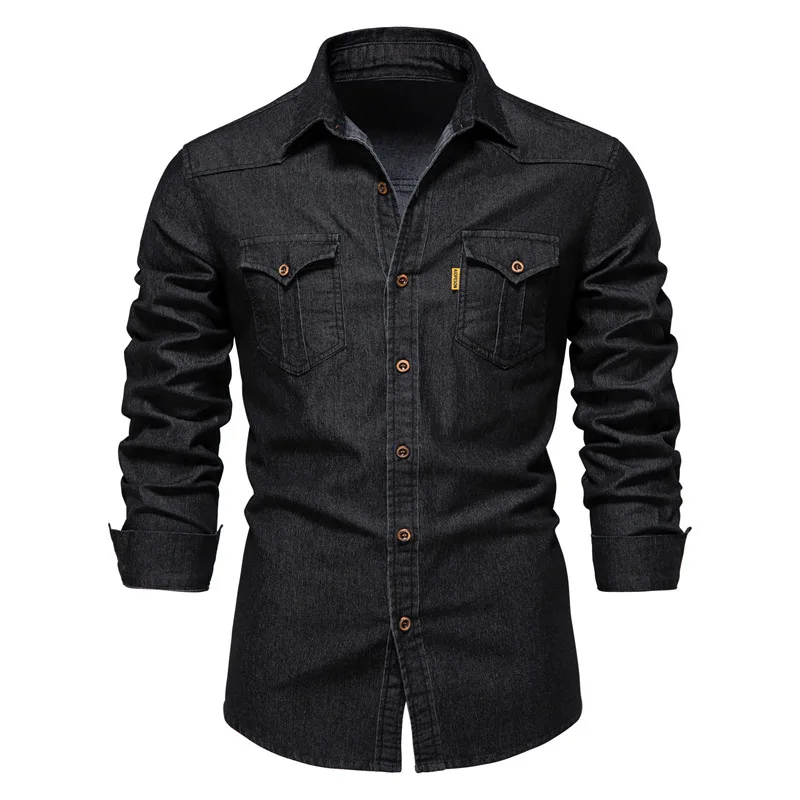Men's Denim Shirt High Qualituy Elastic Cotton Long Sleeve Shirt Black Casual Slim Clothing Navy Blue Mens Fashion Shirt 2023 3