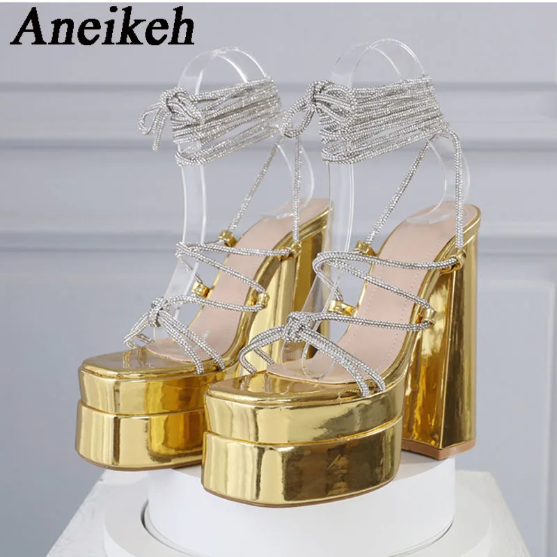 

Aneikeh2024 Sequined Square Head Open Toe Thick Heel Sandals Women's Crystal Narrow Band Super High Heels Party Ball Gladiator