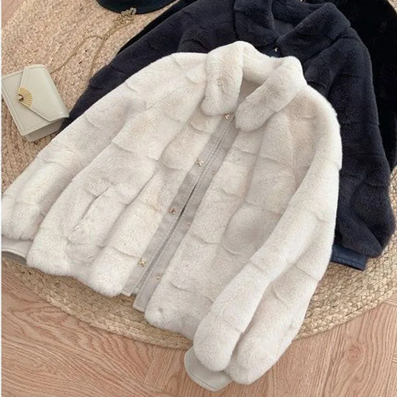 Parkas Women's  Short Fur Coats 2022 Winter  japan white Faux Fur Mink Velvet Button Splicing Casual Warm Jackets Woman